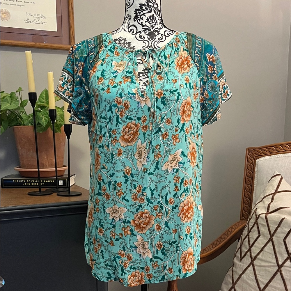 SHEIN Teal and Orange Floral Blouse
